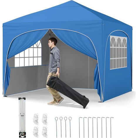 GOPLUS Tonnelle de Jardin Exterieur, Tonnelle Pliante 3 x 3 M Tente Portable Gazebo avec Poids Lestage, Parois Latérales, Abri Solaire Extérieur avec Sac roulettes, 4 Cordes/Ancres, 8 Piquets (Bleu) (1/5)