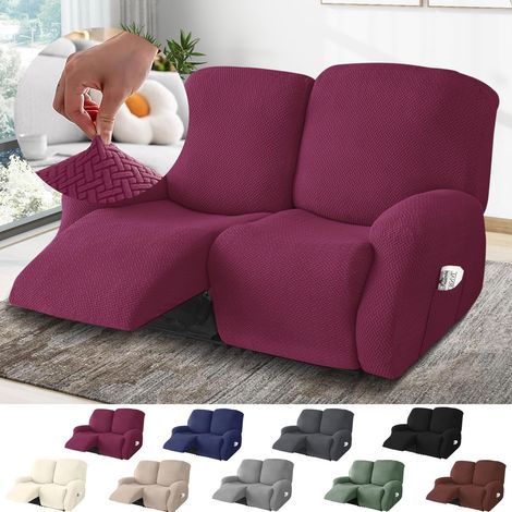 2-Sitzer Sessel Überzug, Sesselbezuge Stretch mit Taschen, All-Inclusive Streifen-Jacquard Sesselschoner für Fernsehsessel Relaxsessel Sesselhusse (Weinrot, 6-Teilig)