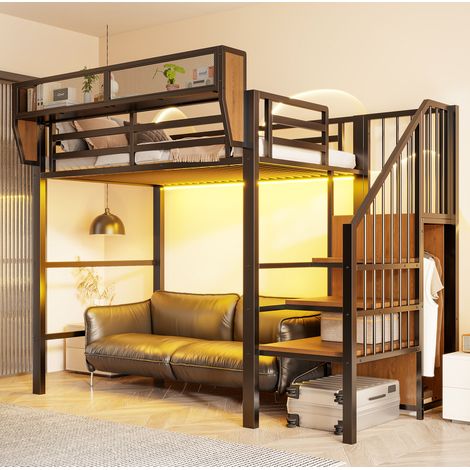 Cama altillo 90x200 cm - Con LED y escalera de seguridad - En metal - Negro (1/5)