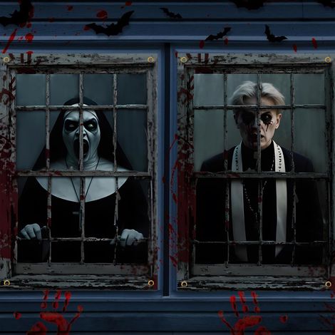 Décorations d'Halloween pour fenêtres : rideaux, guirlandes, ensemble deux pièces, fanions pour une fête d'Halloween sur le thème d'une maison hantée en extérieur - 80 x 120 cm (deux pièces) - NG-2
