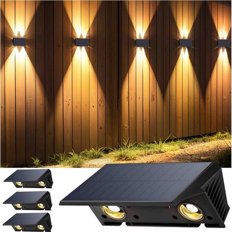 Confezione da 4 luci solari da recinzione, illuminazione superiore e inferiore, crepuscolare, impermeabili, da parete per esterni, ideali per giardino e veranda (luce bianca calda) (1/5)