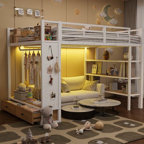 Lit mezzanine 140 x 200 cm, lit enfant surélevé, 2 tiroirs, placard intégré, bureau intégré, étagères ouvertes, éclairage LED, échelle, métal, blanc (1/5)