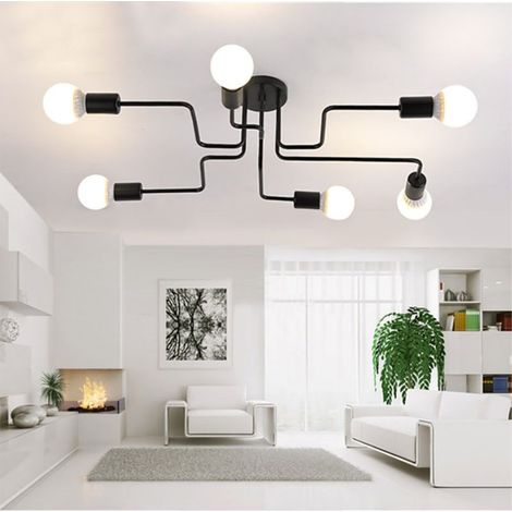 – Plafonnier vintage rétro 6 têtes E27 en métal noir – 40W max par ampoule – Design industriel pour espaces modernes (1/5)