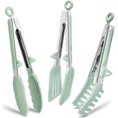 Lot de 3 Pinces de Cuisine Inox Silicone Vert 23cm Verrouillage Résistant Chaleur Salade Barbecue Pâtes