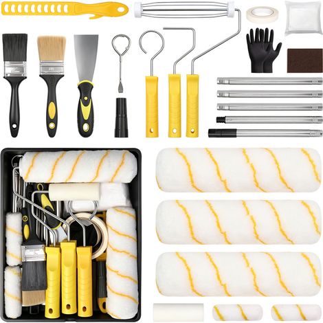 Kit décoration pour la maison, 25 pièces Prêt à l’emploi, comprend Rouleaux Plateau Pinceau, Bâche protection, Agitateur-Rouleaux peinture murs et plafonds émulsion