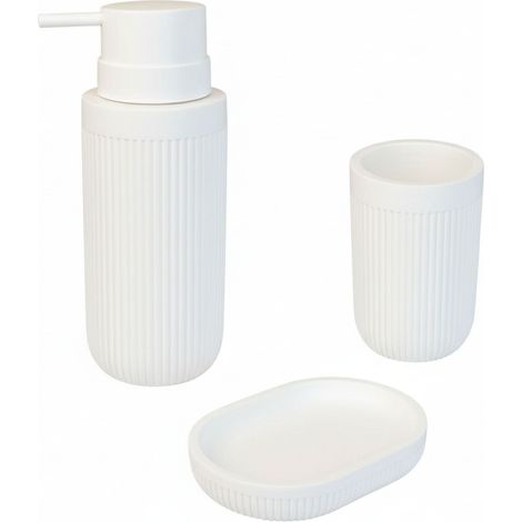 Accesorios de baño Relaxdays, 3 piezas, dispensador de jabón, jabonera, vaso, poliresina, set de baño, blanco