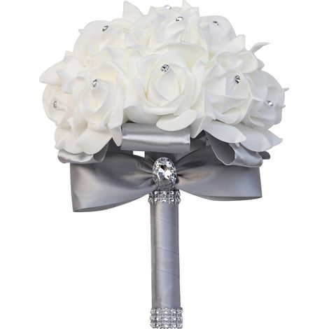 Tenant des fleurs artificielles Rose Bouquet de mariage avec ruban de Satin de soie Champagne demoiselle d'honneur fête nuptiale-gris (1/4)