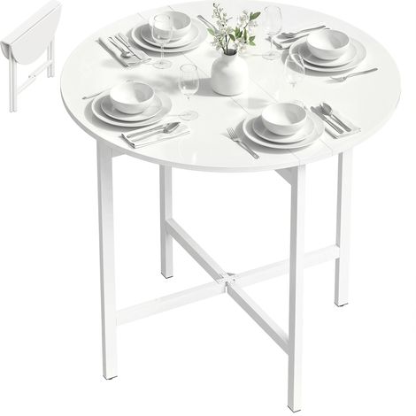 Klappbarer Esstisch, runder Küchentisch Ø 80 cm für 4 Personen mit 2 Ausklappplatten, Stahlbeine, weiß