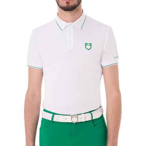 xl, Bianco/oxford tan (15-1306): Polo training da uomo a maniche corte in tessuto tecnico con dettagli a contrasto
