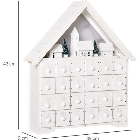 Un calendrier de l'Avent en bois (39x9x42 cm) avec 24 cases, un sapin de Noël et un village de Noël illuminé. (1/5)