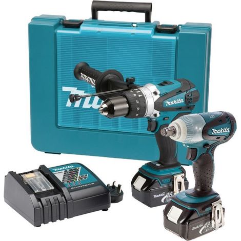 Makita DHP458 18v Combi Hammer + DTW251 18v Impact Wrench + 2 x 3.0ah + Charger (1/4)