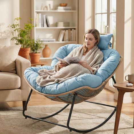 Fauteuil à bascule œuf - Fauteuil de balcon - Assise large - Rotin PVC - Fauteuil détente jardin - Bleu ciel