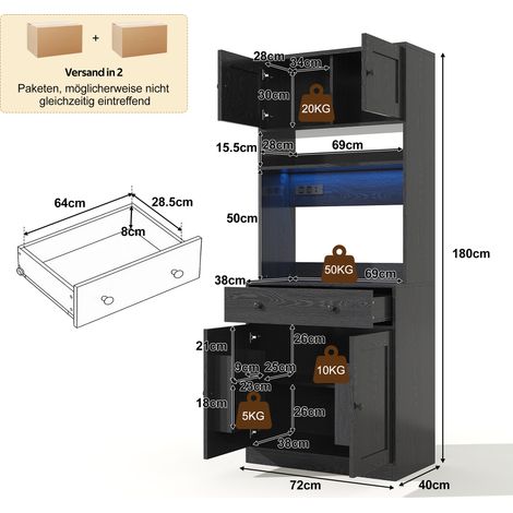 Hoher Küchenschrank 72x40x180 cm aus MDF in Schwarz mit LED, Steckdose, platzsparend – MEUBLIV (1/5)