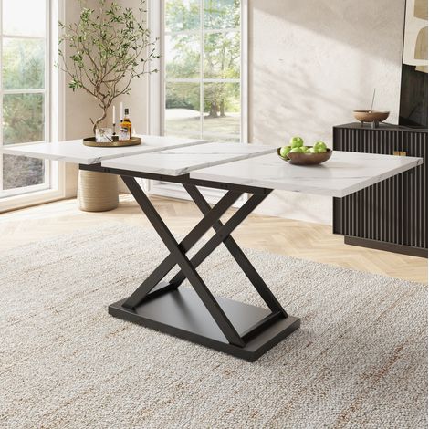 Tavolo da pranzo 120-160x80x75 cm bianco e nero in MDF e metallo allungabile con gambe incrociate (1/5)