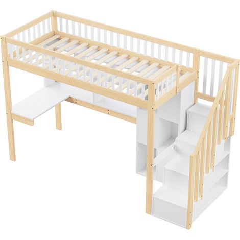 Lit mezzanine 90200cm avec éclairage LED, échelle de rangement, étagères, compartiments de rangement, bureau, sans matelas, blanc+naturel