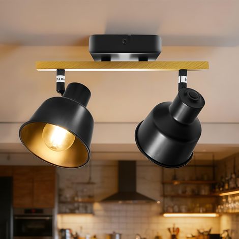 Spot de Plafond 2 Ampoules, Pivotant 350°, Plafonnier Vintage Plafonnier LED, Douille E14 Lampe Industrielle Grain de Bois pour Cuisine, Salon, Chambre, Noir (Ampoule Non Incluse) (1/5)