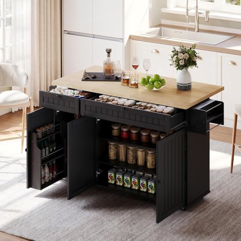 Kücheninsel mit klappbarer Arbeitsplatte, Küchenschrank auf 6 feststellbaren Rollen, mit Ablage, Türregal, 2 großen Schubladen und Schrank, Schwarz, 137 x 89,5 x 45 cm (1/5)