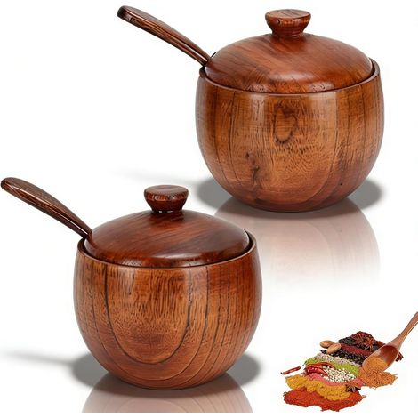 Lot De 2 Boîte à Sel En Bois, Sucrier Pot a Sel De Cuisine Récipient épices Pot De Stockage D'épices Pot à épices En Bois Avec Couvercle Et Cuillère (1/5)
