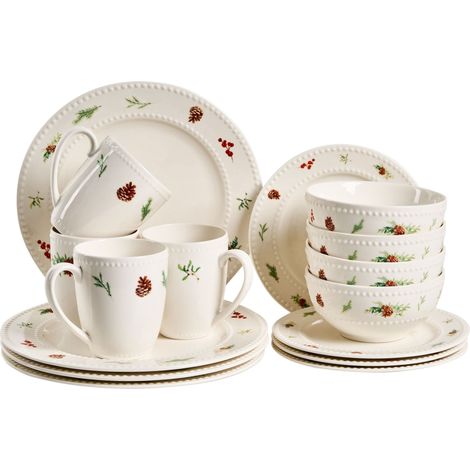 Set of 16 Pieces White Porcelain Handmade Reactive Glaze Finish Service for 4 People Hammer Effect Christmas Kitchen Dining Room MARJORAM