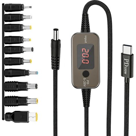 JSSEVN-Câble D'alimentation Adaptateur USB-C PD vers DC 100W, Universel Convertisseur Câble PD vers DC 5V 9V 12V 15V 20V Tension Réglable avec 10 Interface (1/5)