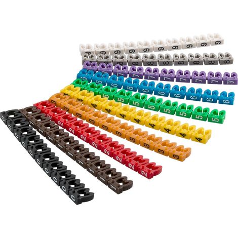 Marcatori a clip per cavi “Cifre 0-9”, per cavi con un diametro massimo di 3,8 - 5,9 mm, anelli di marcatura colorati (pezzi 10x 10) per contrassegnare cavi con sezione dei fili di 4 mm². Diametro 4 m