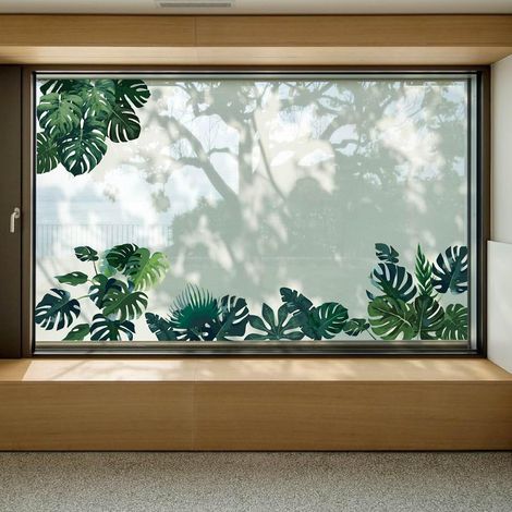 Autocollants de Fenêtre Tropicale 30x118cm Statiques Non Adhésifs Palmier Fougère Monstera, Feuilles de Plantes Feuillage Fleurs Autocollants de Fenêtre Botaniques pour Porte Coulissante (1/5)