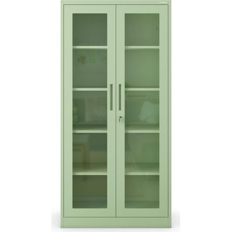 Armoire de Bureau Metallique 185 x 90 x 40 cm Etagères Réglables en Hauteur, 2 Clés Incluses Etagère en Acier Robuste avec Portes en Verre pour Le Rangement Vert Pastel (1/5)