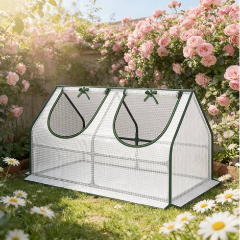 Mini-Gewächshaus 120x60x60 cm weiß aus Polyethylen und Stahl mit 2 Rollfenstern (1/4)