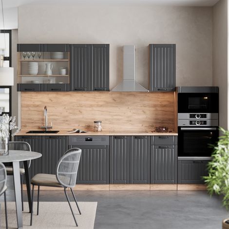 Mueble de cocina Fame-Line, Gris oscuro, 300 cm con armario alto, ET Mármol, Vicco