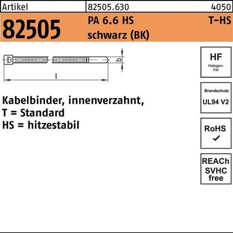 HELLERMANNTYTON Kabelbinder R 82505 innenverzahnt 7,6 x 760 /220Polyamid 6.6 HS schwarz hitzestabil 50 Stück