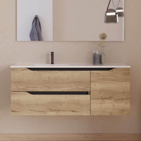 Meuble sous vasque seul, 2 tiroirs et 1 porte, 120cm, pour vasque déportée gauche - madera miel (bois clair) - ZARZA
