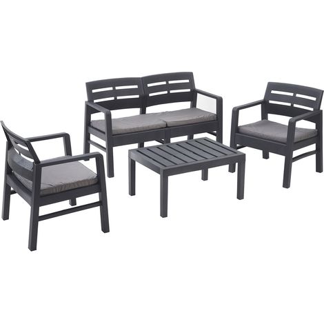 Set salotto da esterno, Set da giardino con 2 poltrone, 1 divano ed 1 tavolino, Salottino indoor e outdoor con cuscini, 100% Made in Italy, Antracite (1/3)