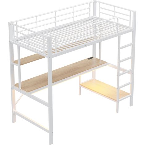 Cama alta 90 x 200 cm de metal blanco con escritorio, estantes, LED, USB y enchufe (1/5)