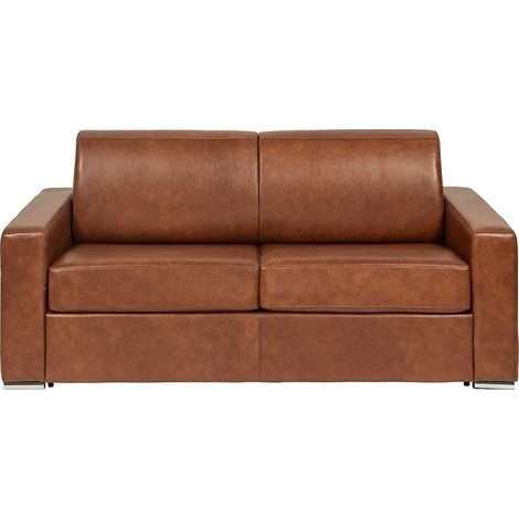 Canapé 3 places convertible express en cuir de buffle vintage caramel - Couchage à lattes larges 140 cm - Matelas 18 cm CALITO (1/4)