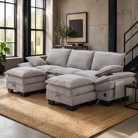 Divano modulare 260x132x84 cm con 2 pouf, ampia seduta ergonomica, USB-C, tasche laterali, corduroy grigio chiaro (1/5)