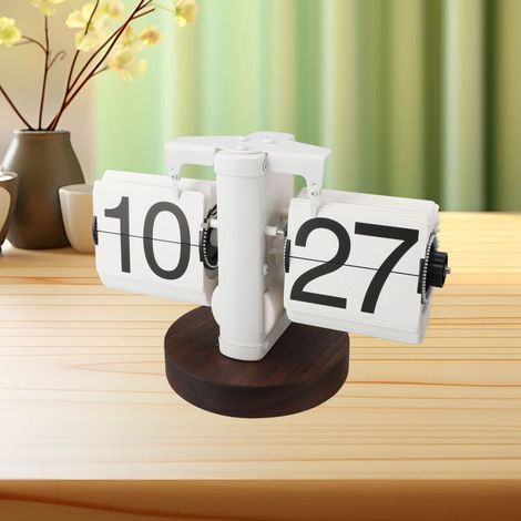 Automatische mechanische Wand-/Tischuhr im Retro-Vintage-Design mit Batteriebetrieb, weiß mit 24-Stunden-Digitalanzeige, Gehäuse aus schwarzem Walnuss-PVC/Stahl, Maße: 20,5 x 14 x 11 cm, einseitig