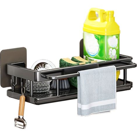 Organisateur d'évier pour cuisine et salle de bain avec bac d'égouttement ,pas de perçage nécessaire, organisateur de lavabo de cuisine avec égouttoir (noir) (1/5)