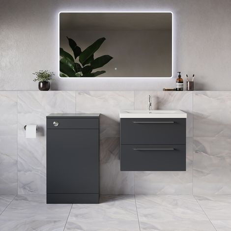 Napoli 390 Gloss Grey 1100mm Wall Mounted 2 Drawer Vanity Unit and Toilet Suite with Glide Basin - 1100mm - Chrome 320mm HandleWithout Kingston Toilet Pan