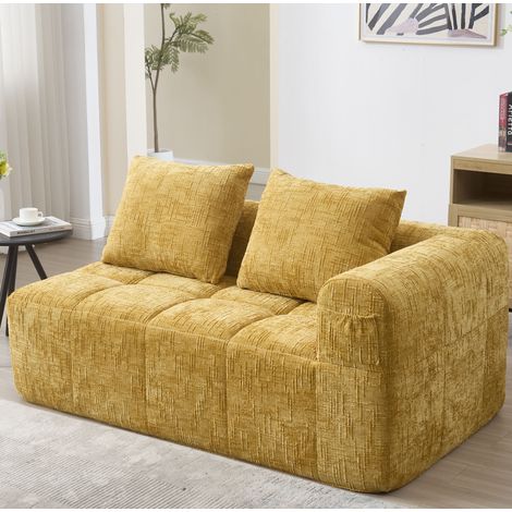 Divano 2 posti 158x90x60 cm giallo in chenille con chaise longue, cuscino incluso e tasche laterali (1/5)