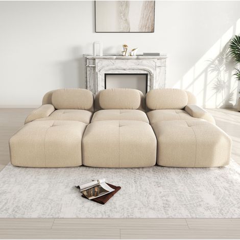 Modulares 3-Sitzer-Ecksofa Beige Cordstoff rahmenlos mit 3 Hockern und montagefreier Lieferung (1/5)