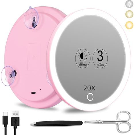 1 Miroir grossissant 20x, Lumière LED 3 couleurs, Rechargeable USB, Ventouses incluses, Pour maquillage et voyage (1/5)