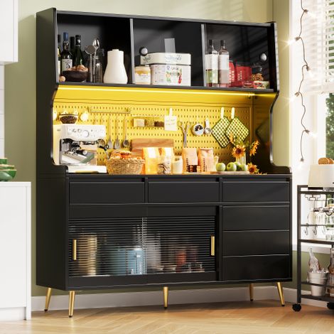 Haut buffet avec led et portes coulissantes, noir, 145x39x171 cm (1/5)