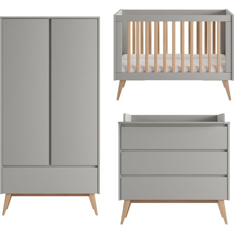 Chambre complète lit évolutif 60x120 commode à langer et armoire 2 portes Pinio Swing Gris et bois