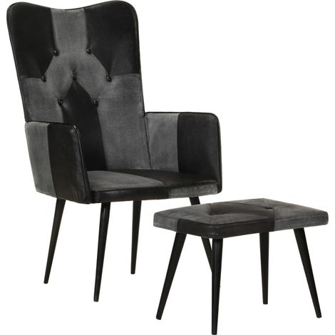Furniture Limited - Sillón con reposapiés cuero auténtico y lona (1/5)
