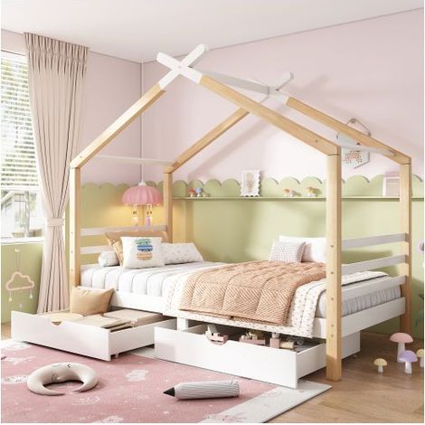 Lit Cabane Enfant 90x200cm - Blanc et Bois 2 Tiroirs Rangement - Lit Enfant - Forme Maison Pin Massif Sommier Inclus (1/5)