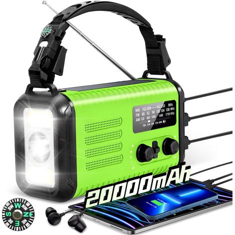 Survie Radio d'urgence Solaire à Manivelle 20000mAh, Radio Météo AM FM WB, Batterie Externe USB C, Lampe Torche LED, Alarme SOS, Boussole, Étanche pour Camping et Pannes de Courant (1/5)