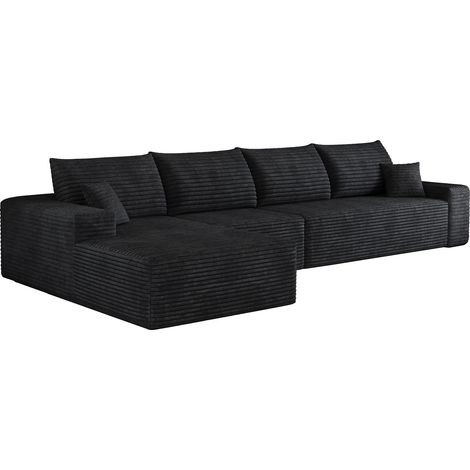Canapé d'angle modulable 340 cm avec méridienne en L noire, 4 places en velours côtelé, assise profonde (1/5)