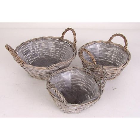 4x 3er Set Weiden-Pflanzkorb Blumen Pflanzen Übertopf 3 Größen 33cm rund Holz (1/4)