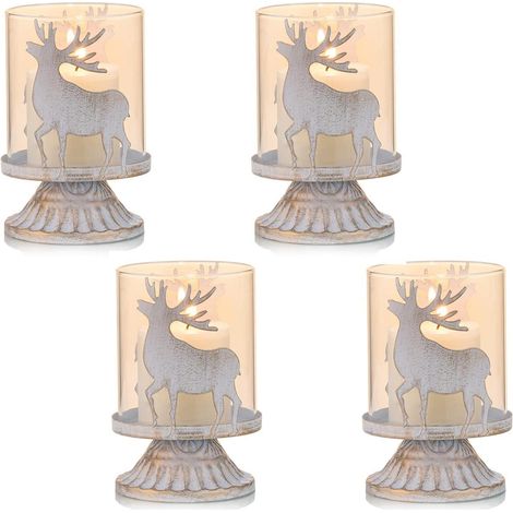 Lot de 4 photophores vintage cerf blanc style shabby chic pour bougies pilier (1/5)