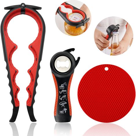APEX Ouvre-bouteille et Ouvre-bocal - 5-en-1 - Ergonomique - Couvercle de boîte facile à ouvrir - ensemble de 3 pièces - Rouge et noir (1/5)